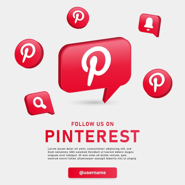 Vector follow us on pinterest with 3d logos and notification post reaction icons join us on social media