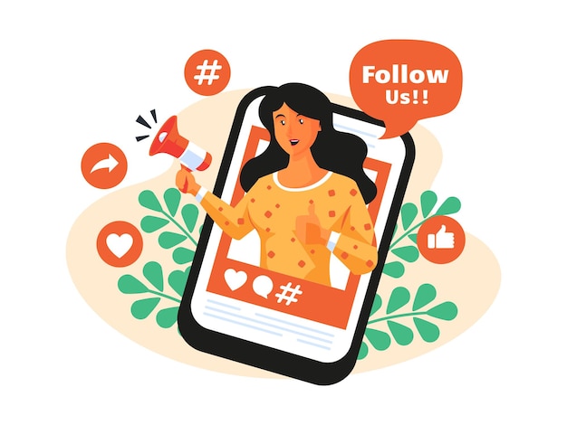 Vector follow us social media promotion concept with smartphone and megaphone