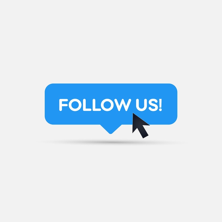 Vector follow us with cursor button icon in a flat design follow us blue speech bubble isolated on white b