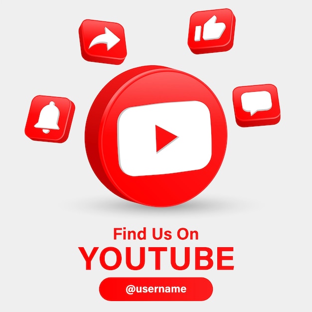 Seguici sui loghi dei social media di youtube con logo 3d in una cornice moderna con icone di notifica