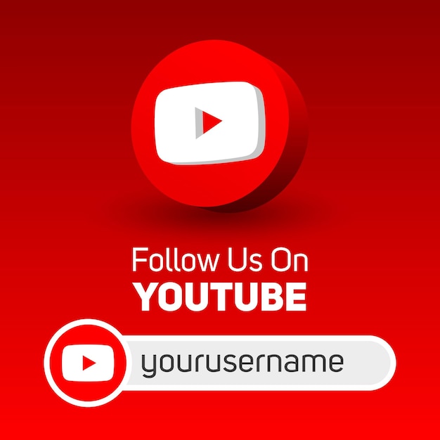 Seguici sul banner quadrato dei social media di youtube con logo 3d e casella del nome utente