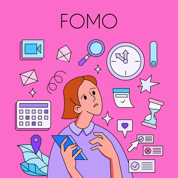 Vector fomo fear of missing out concept woman with phone surrounded by social media icons trendy style vector illustration