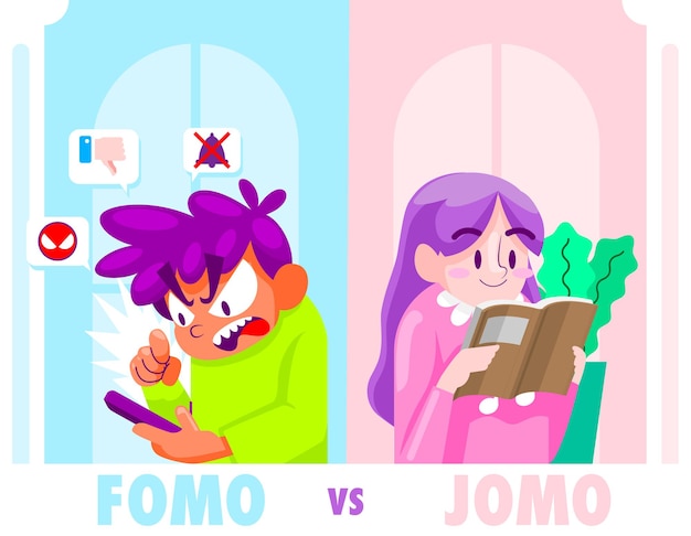 Иллюстрации шаржа FOMO и JOMO