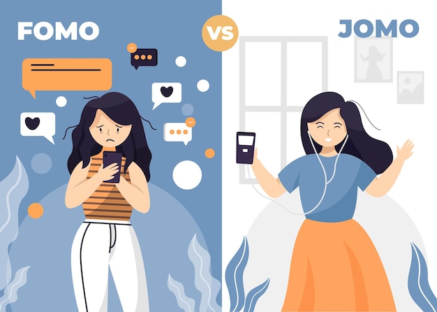 Vector fomo syndrome and jomo concept illustration