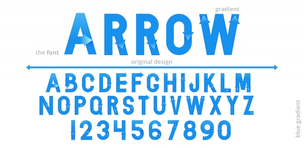 Font alphabet  with blue gradient arrow. flat logo   typeface modern typography.