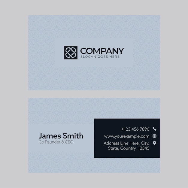 Font and back presentation of business card design in blue color.