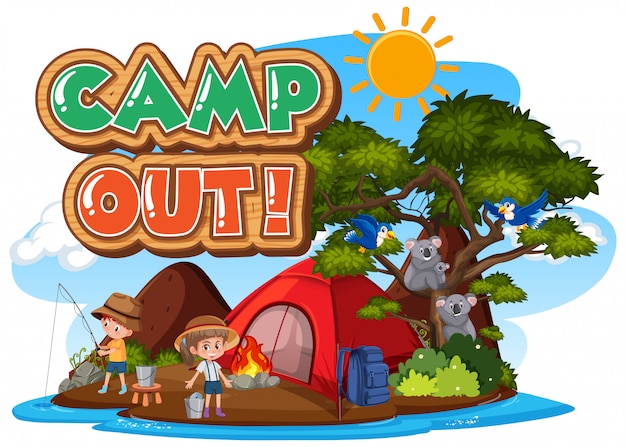 Font design for camp out with tent in the park