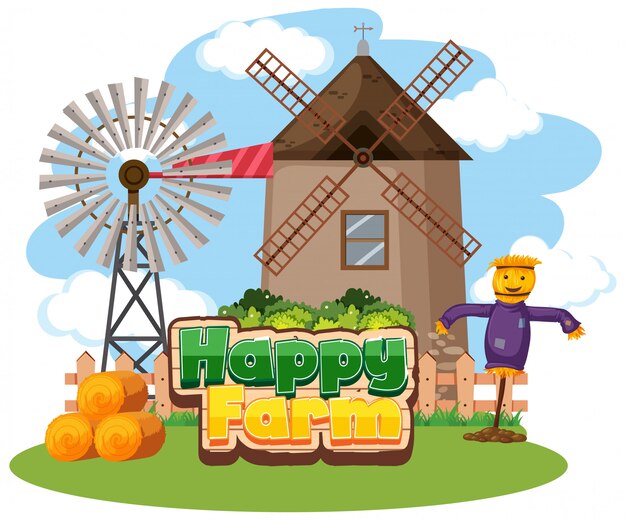 Vector font design for happy farm with windmill and scarecrow