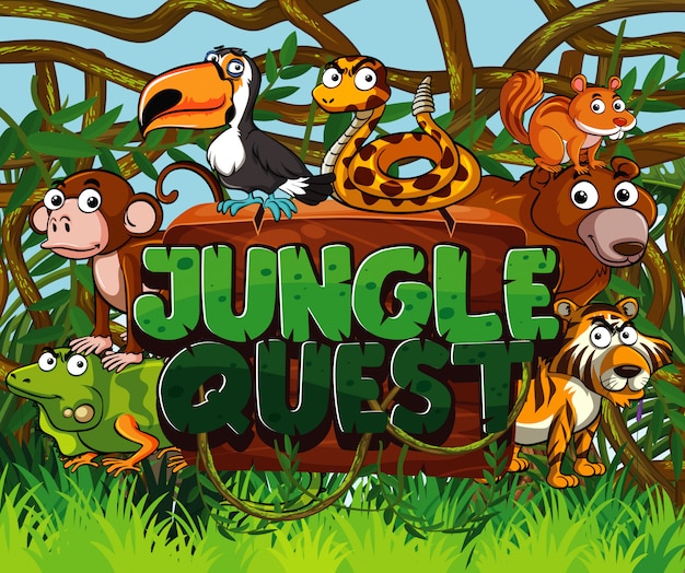 Font design for jungle quest with many wild animals in the forest background