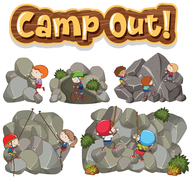 Font design for word camp out with children climbing rocks