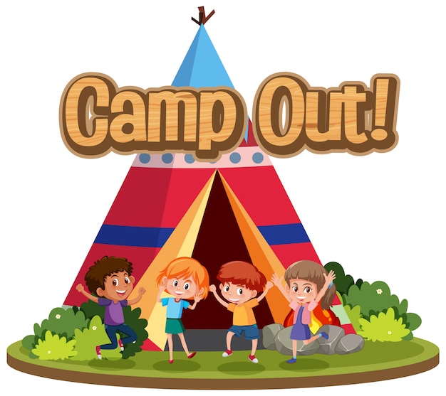 Font design for word camp out with children dancing by the tent