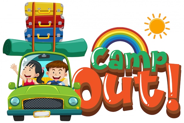 Vector font design for word camp out with kids driving car