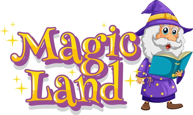 Font design for word magic land with wizard reading book