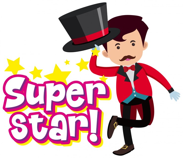 Vector font design for word superstar with magician in red suit