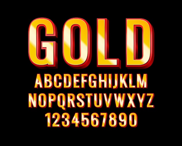 Vector font gold symbol, 3d letter and numbers set. vector illustration