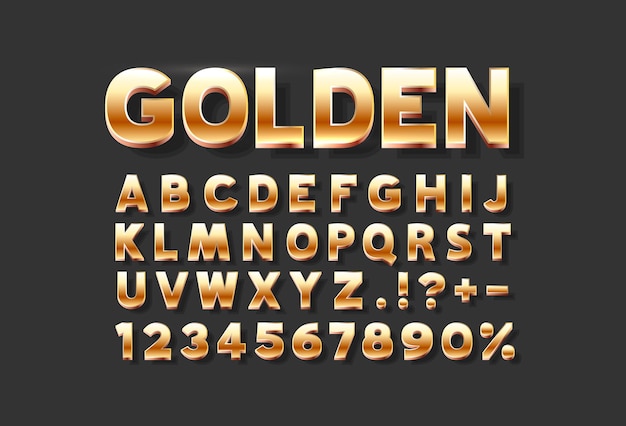 Font golden symbol, gold letter and numbers set. Vector illustration