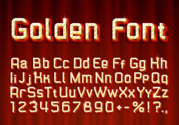 Шрифт золотой символ золотая буква и набор цифр векторная иллюстрация