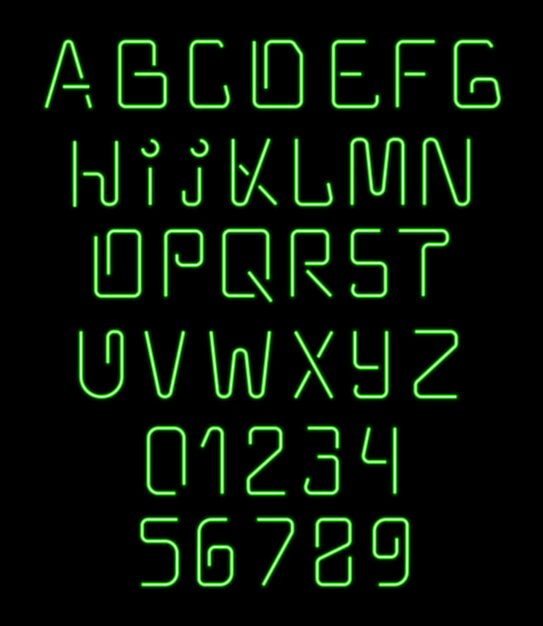 Font neon. Realistic brilliant, fluorescent font. Font for holiday decoration and design of brochures. Alphabet nightclub. Letters for signs of night. Bright letters and numbers