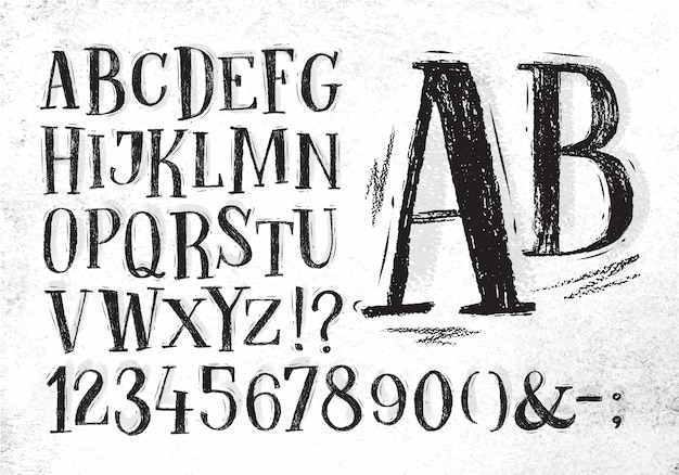 Font pencil vintage hand drawn alphabet drawing in black color on dirty paper background