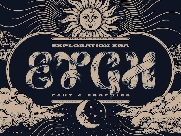 Vector font set exploration era in vintage engraving style with illustrations of a sun sky and clouds