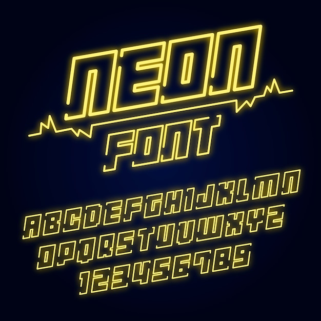 Font with alphabet in neon style