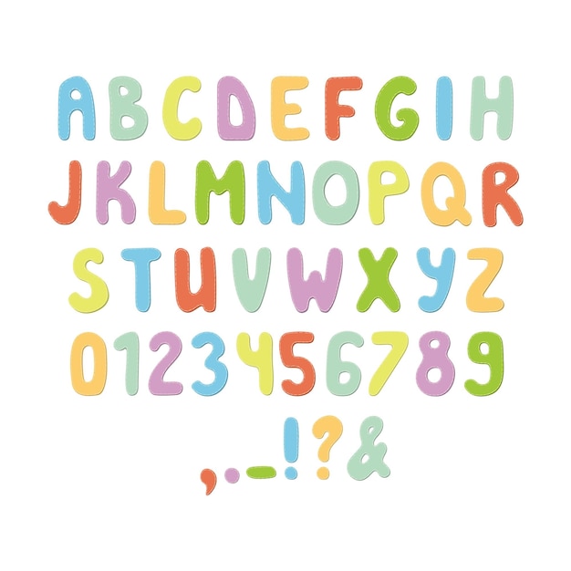Carattere con lettere colorate alfabeto disegnato a mano per bambini lettere con ombre