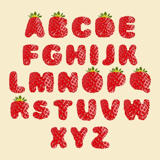 Font with strawberry texture. Cute English alphabet with letters in the form of ripe red strawberrie