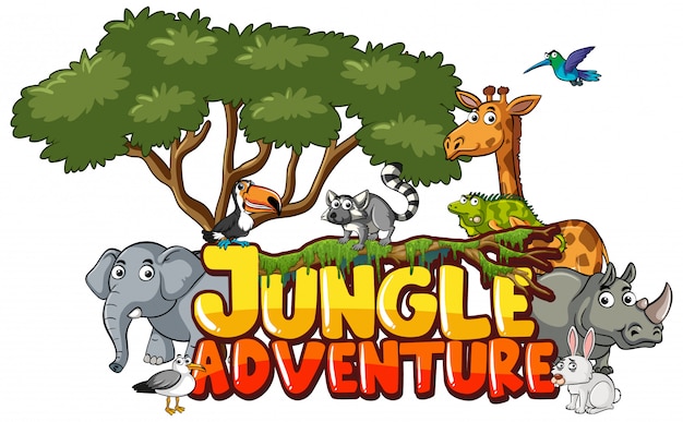 Vector font for word jungle adventure with animals