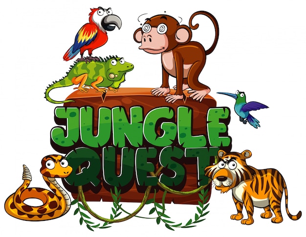 Font for word jungle quest with many wild animals