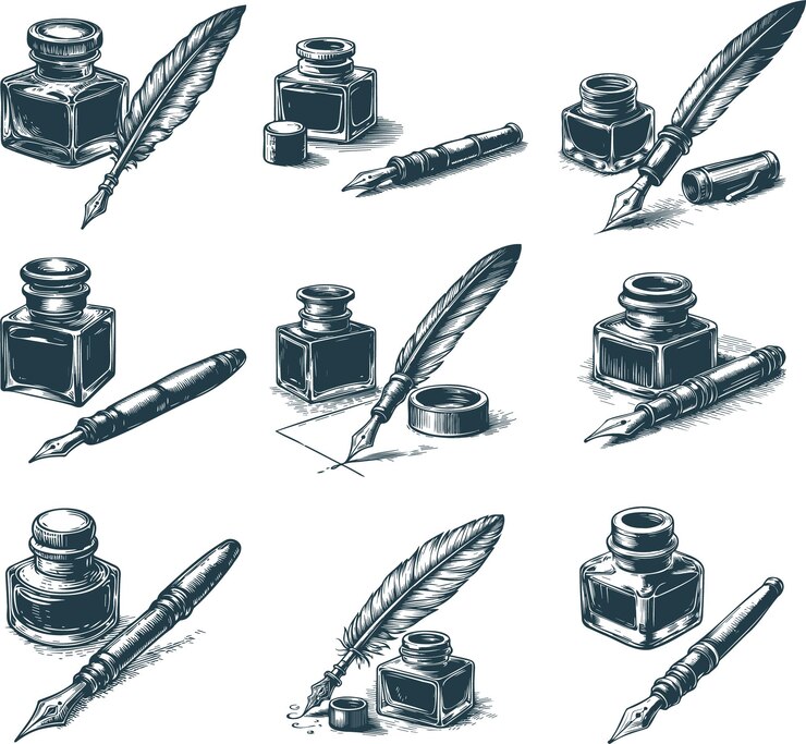 Vector fontein inkt retro pen in de buurt van een pot met inkt verzameling van vector monochrome schets tekeningen op een witte