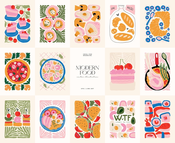 Vector food abstract elements and healsy composition modern trendy matisse minimal style restaurant poster