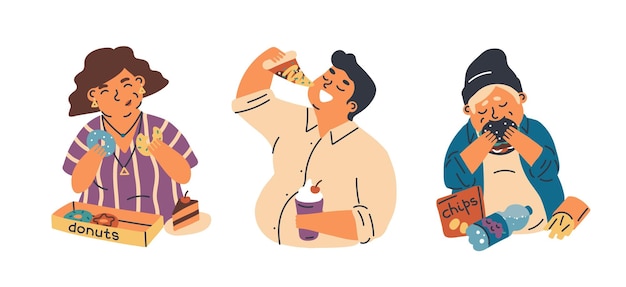 Vector food addiction flat vector illustrations set. unhealthy lifestyle, harmful nutrition, obesity problem concept. overweight woman, man and teenager eating junk food cartoon characters pack.