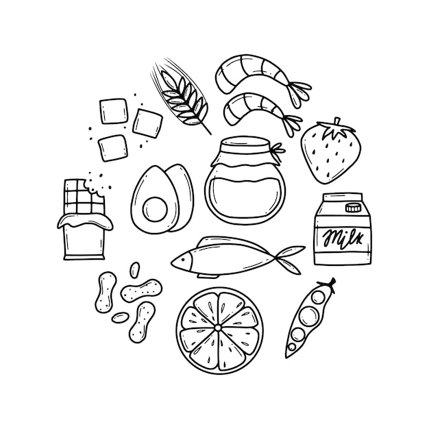 Food Allergens Allergen Products Collection Vector illustration Allergy