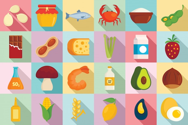 Food allergy icons set, flat style