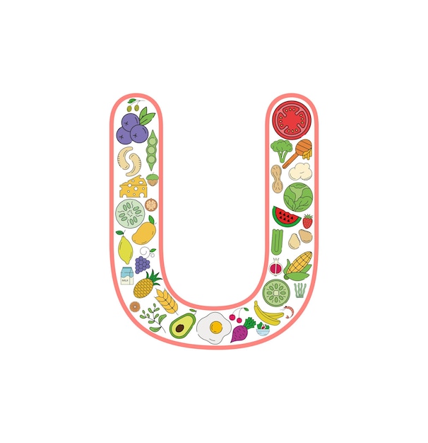 Набор значков коллажа еды и напитков из буквы u. векторный набор основных аллергенов и иконок линии диеты