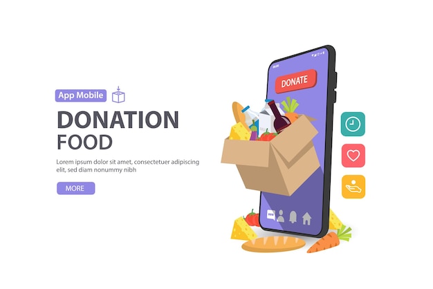 Пожертвование еды и еды людям с приложением на смартфоне, волонтерство и благотворительная иллюстрация