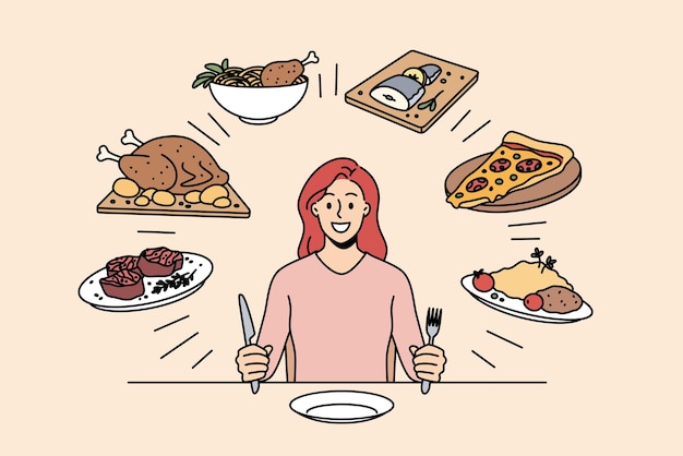 食品と栄養素の選択の概念。食べる準備ができて、さまざまなカロリー料理のベクトル図から選択する準備ができてテーブルに座っている若い笑顔の女性の漫画のキャラクター