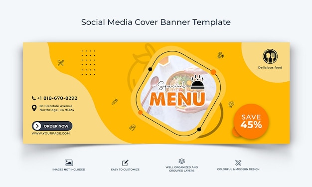 음식과 레스토랑 소셜 미디어 페이스북 표지 배너 템플릿 프리미엄 벡터