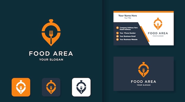 Логотип зоны питания, булавка, вилка, поднос и визитная карточка