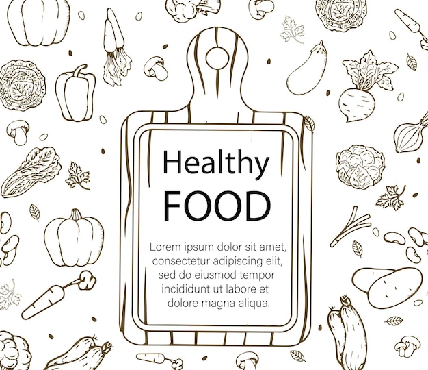 食品の背景に手描きの野菜や果物食品上面図フレーム食品メニュー デザイン