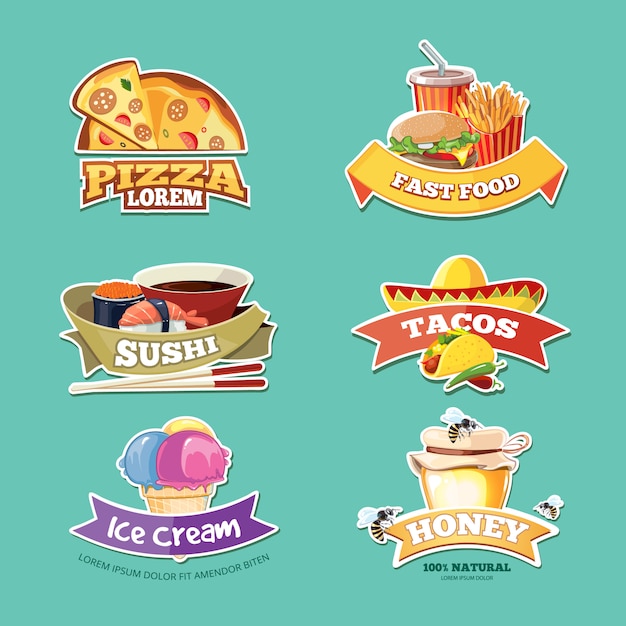 food badges set with food illustrations