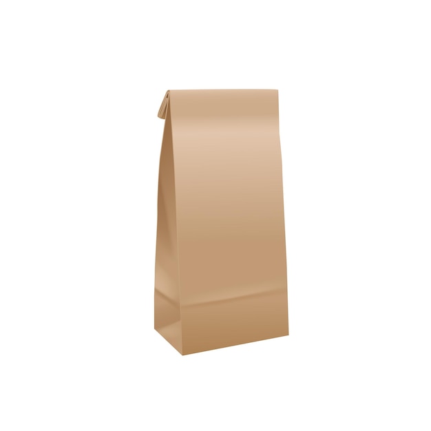 Vector food bag realistic brown paper craft package blank closed packet mockup for branding bagged snack and takeaway meal ecological packaging 3d vector illustration