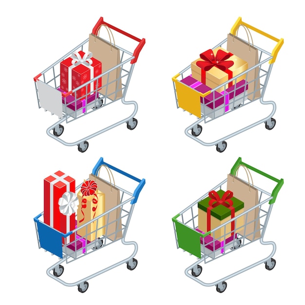 Vettore sconto cesto alimentare o carrello con omaggi e sconti. carrello della spesa con grande mucchio di scatole regalo colorate avvolte isolate su bianco. fare la spesa al supermercato.