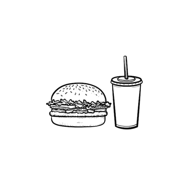 음식 및 음료 테이크아웃 손으로 그린 개요 낙서 아이콘. 인쇄, 웹, 모바일 및 인포그래픽을 위한 버거와 소다 음료 벡터 스케치 그림 한 컵. 패스트 푸드 테이크 아웃 개념입니다.