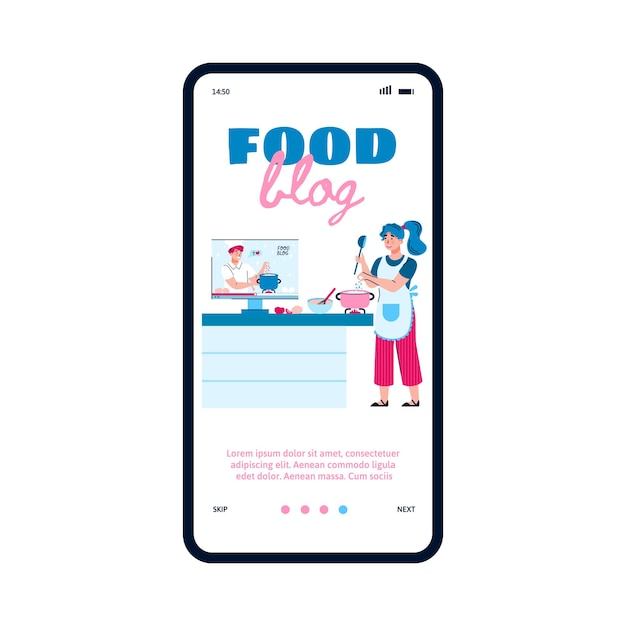 Food blog onboarding paginaontwerp voor mobiele app cartoon vectorillustratie