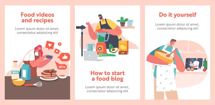 Vector food blogger characters create content man woman cooking and recording culinary video for blog or channel online cooking chef courses isolated on white background cartoon people vector illustration