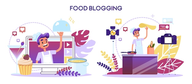 Vector food blogger concept. cooking on a camera