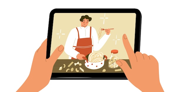 Блогер о еде cooking man готовит макароны подготовка пищевого процесса концепция ведения блога о еде шеф-повар гаджет с использованием концепции плоский стиль на векторной иллюстрации
