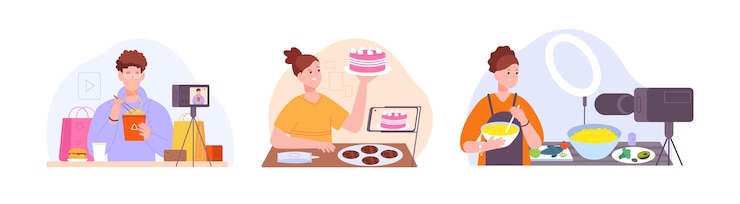 Vector food blogger culinary bloggers or foodie youtuber recording online cooking learning workshop on video camera for cook bakery nutrition blog content splendid vector illustration
