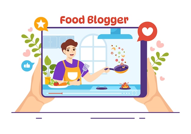 Food Blogger Vector Illustratie met Influencer Review en deel het op de Blog in Flat Cartoon